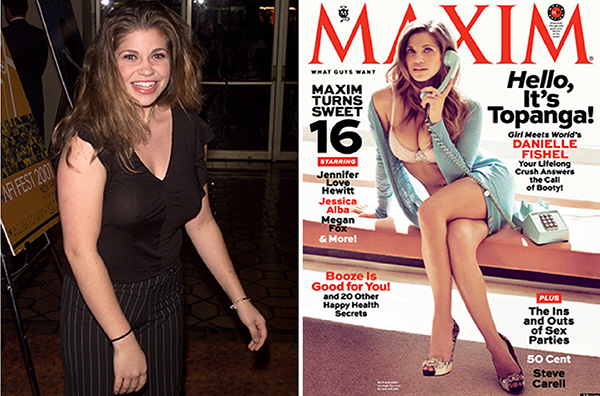 Danielle Fishel em 2001 quando lançava o filme Longshot e na capa da edição de abril de 2013 da Maxim. /Fotos: Getty Images e Divulgação" title="Danielle Fishel em 2001 quando lançava o filme Longshot e na capa da edição de abril de 2013 da Maxim.
